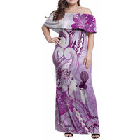 Aotearoa Maori Wahine Family Matching Off Shoulder Maxi Dress and Hawaiian Shirt Fantail Bird Purple Gold Marble LT05 Mom's Dress Purple - Polynesian Pride