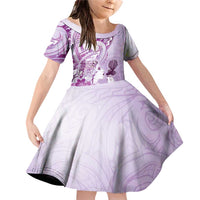 Aotearoa Maori Wahine Family Matching Off Shoulder Short Dress and Hawaiian Shirt Fantail Bird Purple Gold Marble LT05 Daughter's Dress Purple - Polynesian Pride