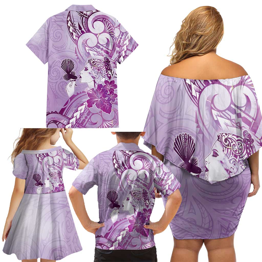 Aotearoa Maori Wahine Family Matching Off Shoulder Short Dress and Hawaiian Shirt Fantail Bird Purple Gold Marble LT05 - Polynesian Pride