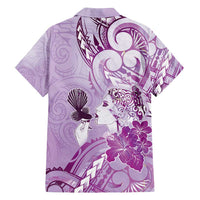 Aotearoa Maori Wahine Family Matching Off Shoulder Short Dress and Hawaiian Shirt Fantail Bird Purple Gold Marble LT05 - Polynesian Pride