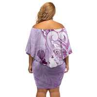 Aotearoa Maori Wahine Family Matching Off Shoulder Short Dress and Hawaiian Shirt Fantail Bird Purple Gold Marble LT05 - Polynesian Pride
