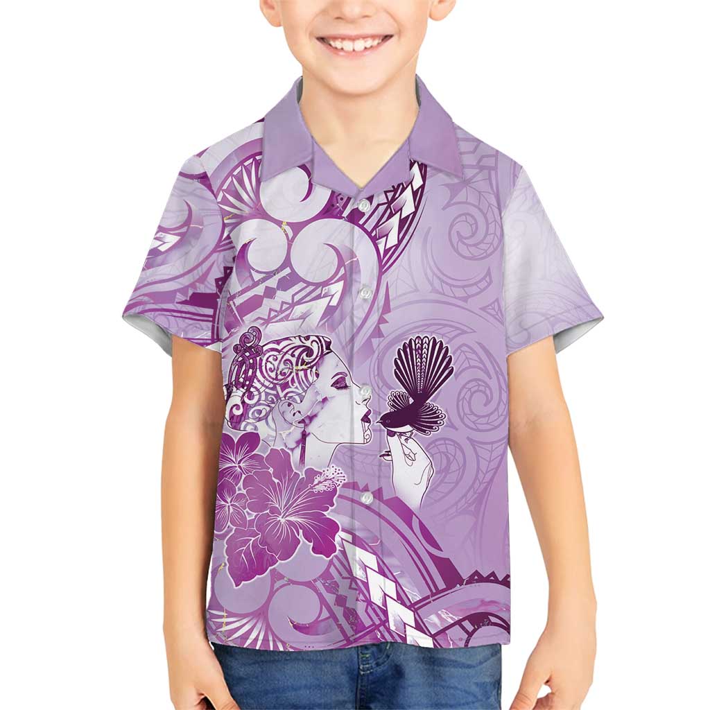 Aotearoa Maori Wahine Family Matching Off Shoulder Short Dress and Hawaiian Shirt Fantail Bird Purple Gold Marble LT05 Son's Shirt Purple - Polynesian Pride