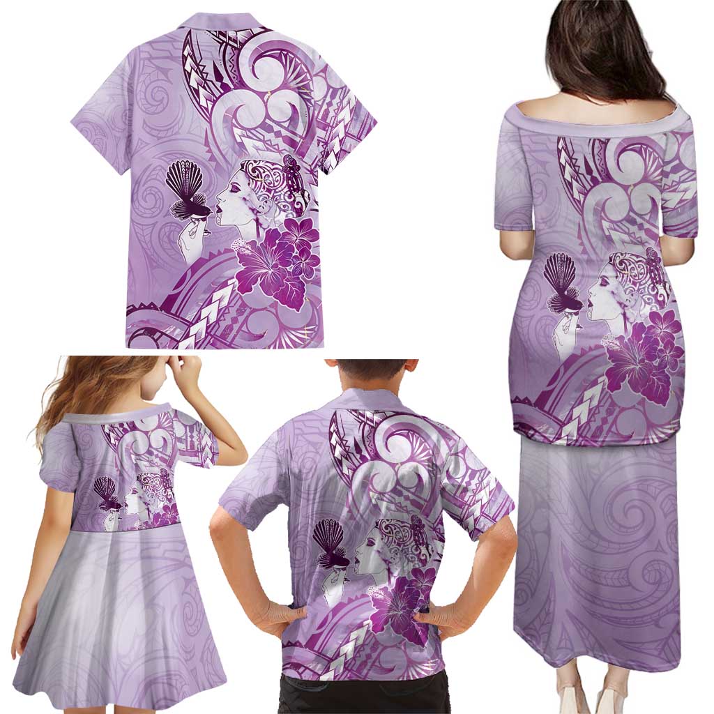 Aotearoa Maori Wahine Family Matching Puletasi and Hawaiian Shirt Fantail Bird Purple Gold Marble LT05 - Polynesian Pride