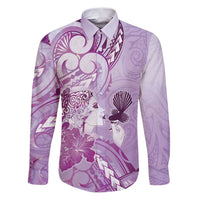Aotearoa Maori Wahine Family Matching Puletasi and Hawaiian Shirt Fantail Bird Purple Gold Marble LT05 Dad's Shirt - Long Sleeve Purple - Polynesian Pride