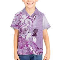 Aotearoa Maori Wahine Family Matching Puletasi and Hawaiian Shirt Fantail Bird Purple Gold Marble LT05 Son's Shirt Purple - Polynesian Pride