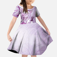 Aotearoa Maori Wahine Family Matching Short Sleeve Bodycon Dress and Hawaiian Shirt Fantail Bird Purple Gold Marble LT05 Daughter's Dress Purple - Polynesian Pride