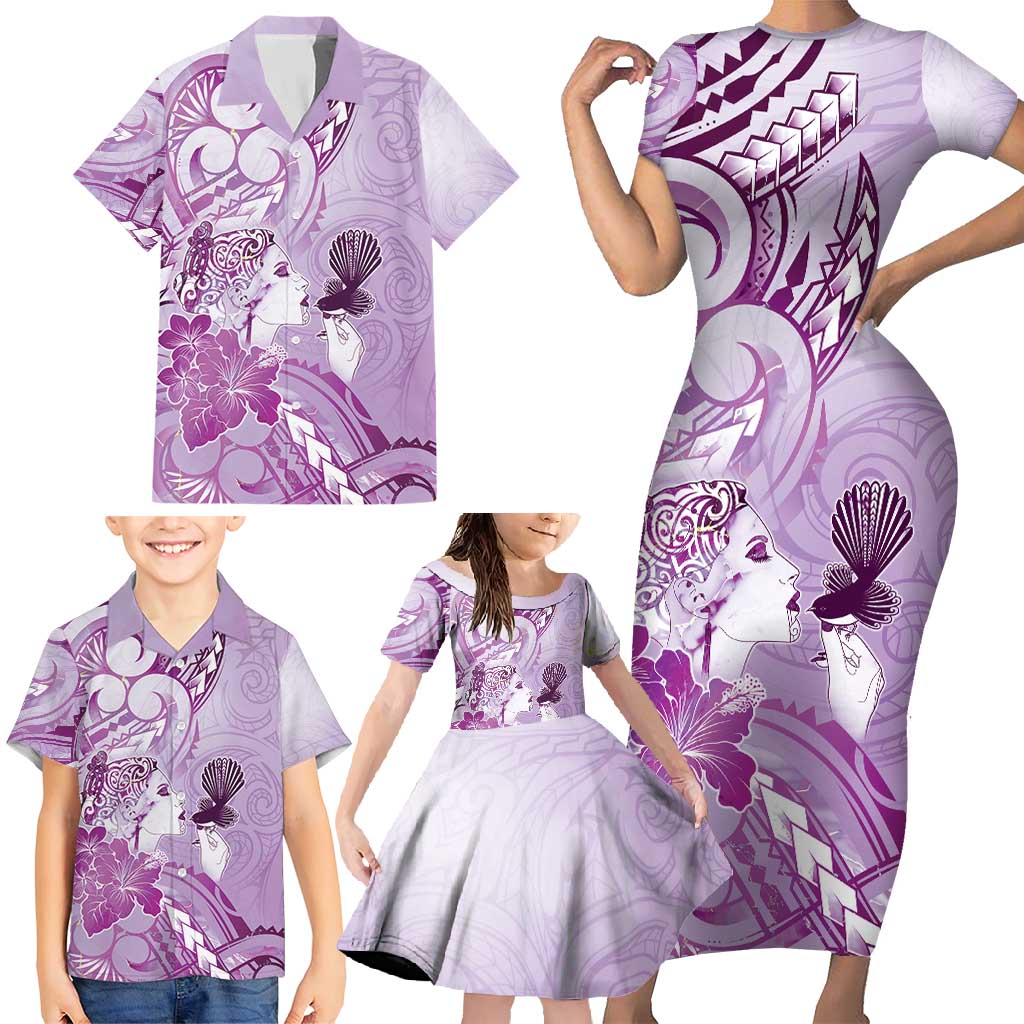 Aotearoa Maori Wahine Family Matching Short Sleeve Bodycon Dress and Hawaiian Shirt Fantail Bird Purple Gold Marble LT05 - Polynesian Pride