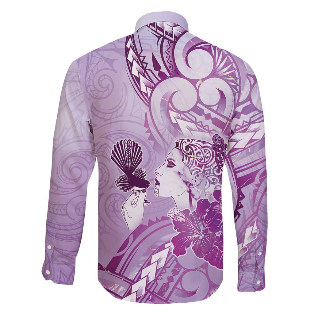 Aotearoa Maori Wahine Family Matching Short Sleeve Bodycon Dress and Hawaiian Shirt Fantail Bird Purple Gold Marble LT05 - Polynesian Pride