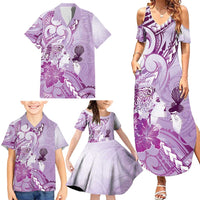 Aotearoa Maori Wahine Family Matching Summer Maxi Dress and Hawaiian Shirt Fantail Bird Purple Gold Marble LT05 - Polynesian Pride