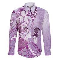 Aotearoa Maori Wahine Family Matching Tank Maxi Dress and Hawaiian Shirt Fantail Bird Purple Gold Marble LT05 Dad's Shirt - Long Sleeve Purple - Polynesian Pride