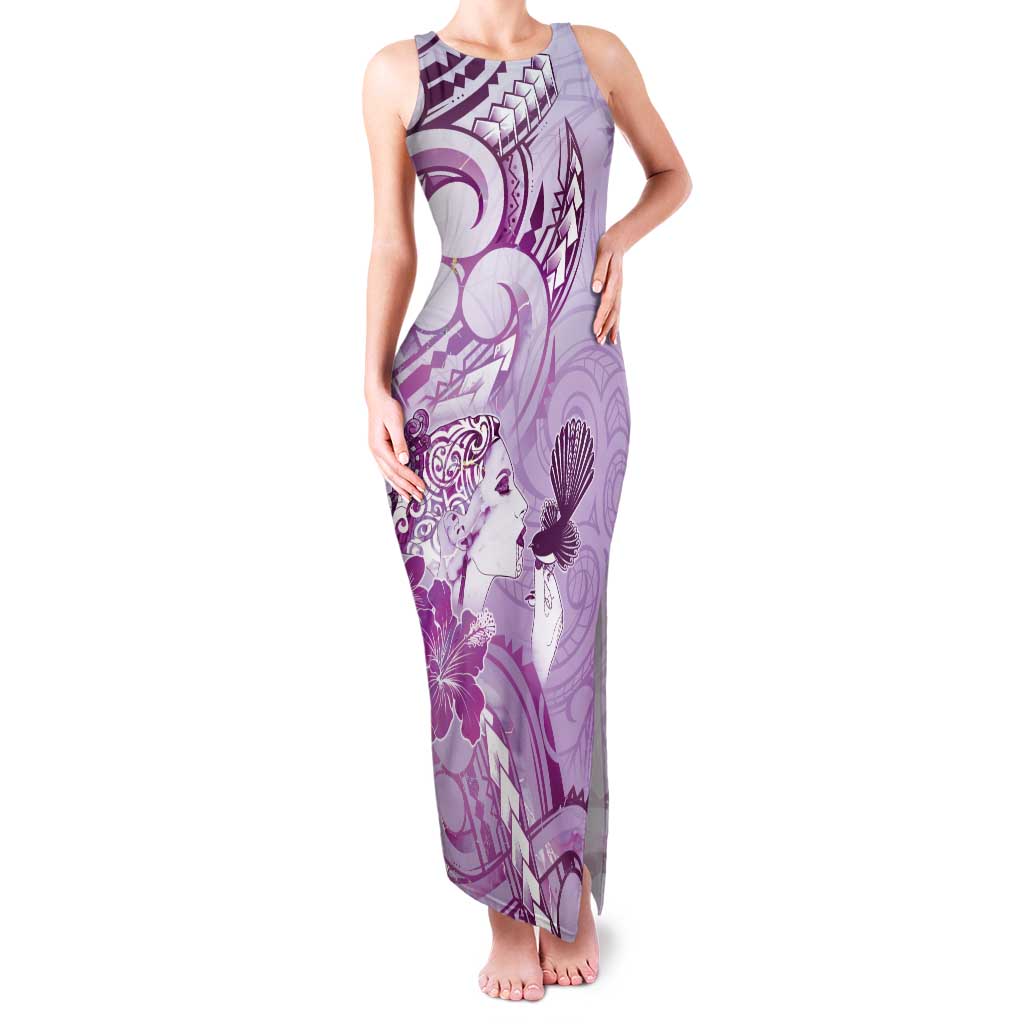 Aotearoa Maori Wahine Family Matching Tank Maxi Dress and Hawaiian Shirt Fantail Bird Purple Gold Marble LT05 Mom's Dress Purple - Polynesian Pride