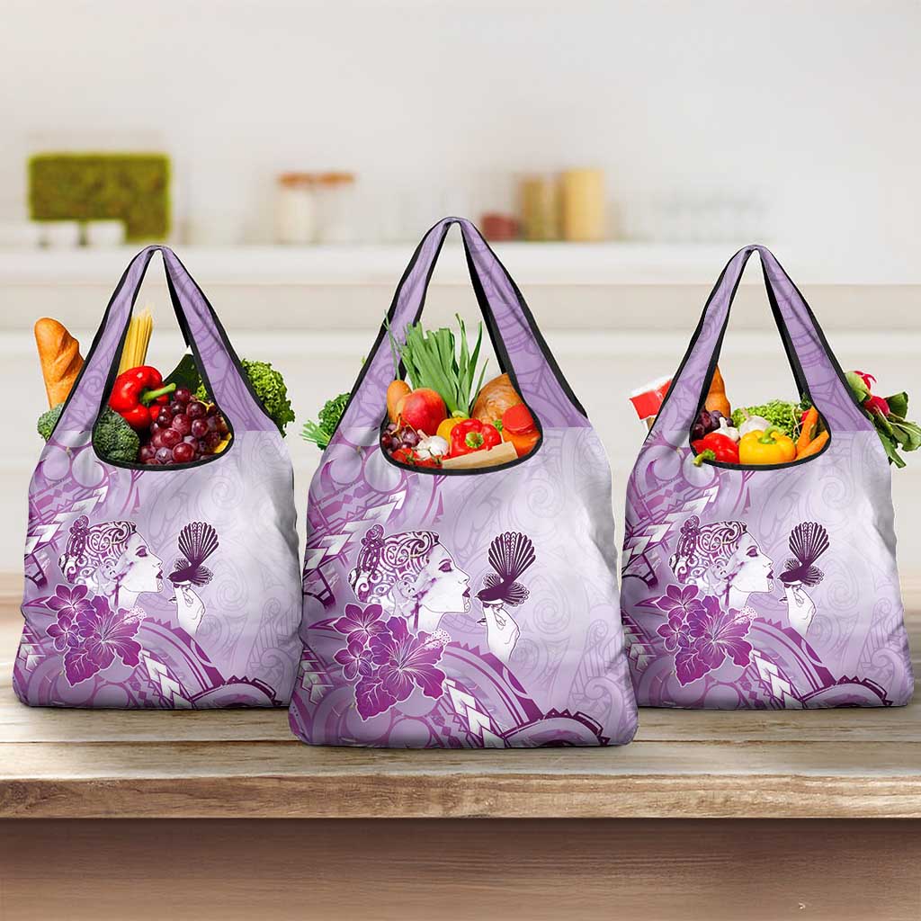 Aotearoa Maori Wahine Grocery Bag Fantail Bird Purple Gold Marble