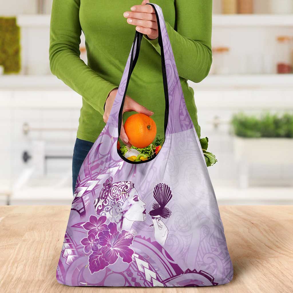Aotearoa Maori Wahine Grocery Bag Fantail Bird Purple Gold Marble