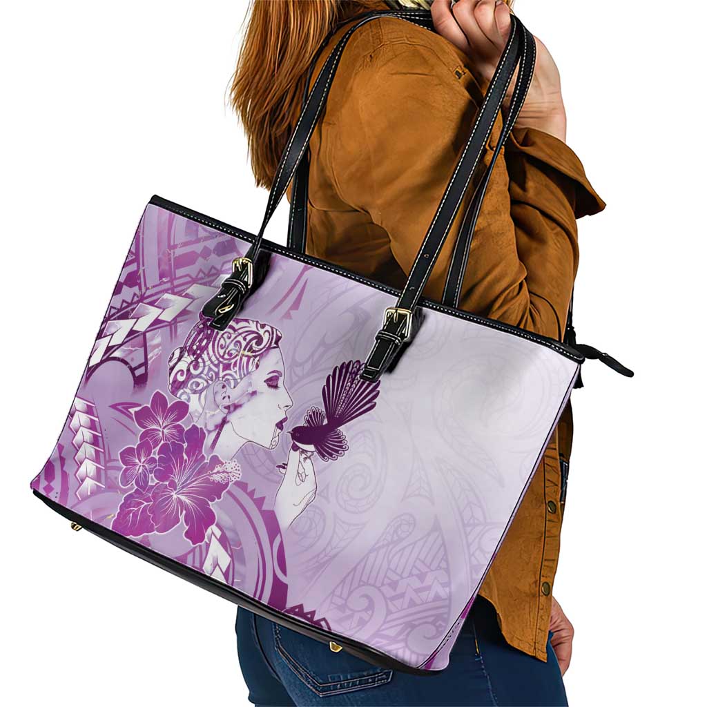 Aotearoa Maori Wahine Leather Tote Bag Fantail Bird Purple Gold Marble