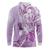 Aotearoa Maori Wahine Long Sleeve Polo Shirt Fantail Bird Purple Gold Marble