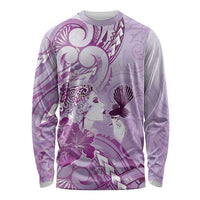 Aotearoa Maori Wahine Long Sleeve Shirt Fantail Bird Purple Gold Marble