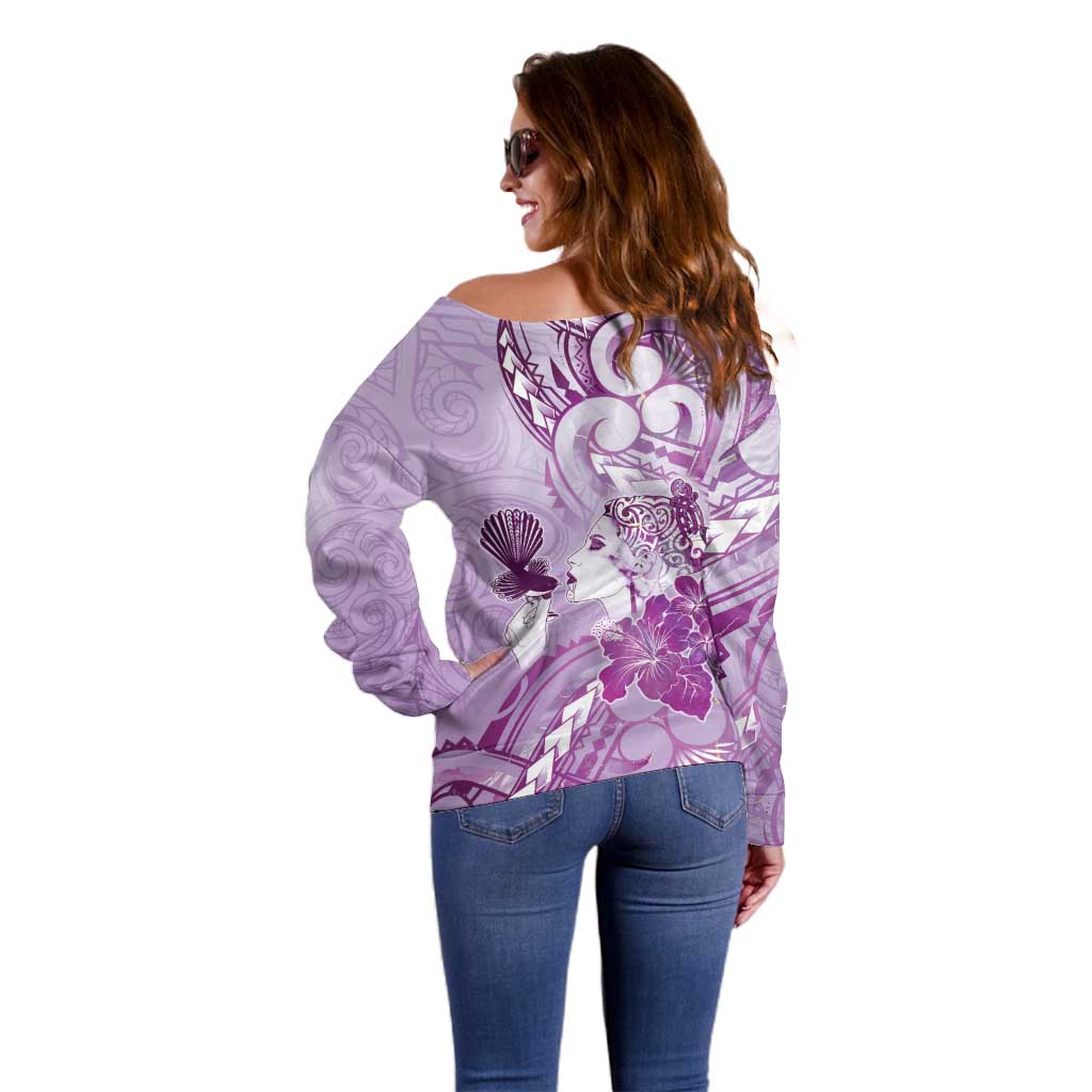 Aotearoa Maori Wahine Off Shoulder Sweater Fantail Bird Purple Gold Marble