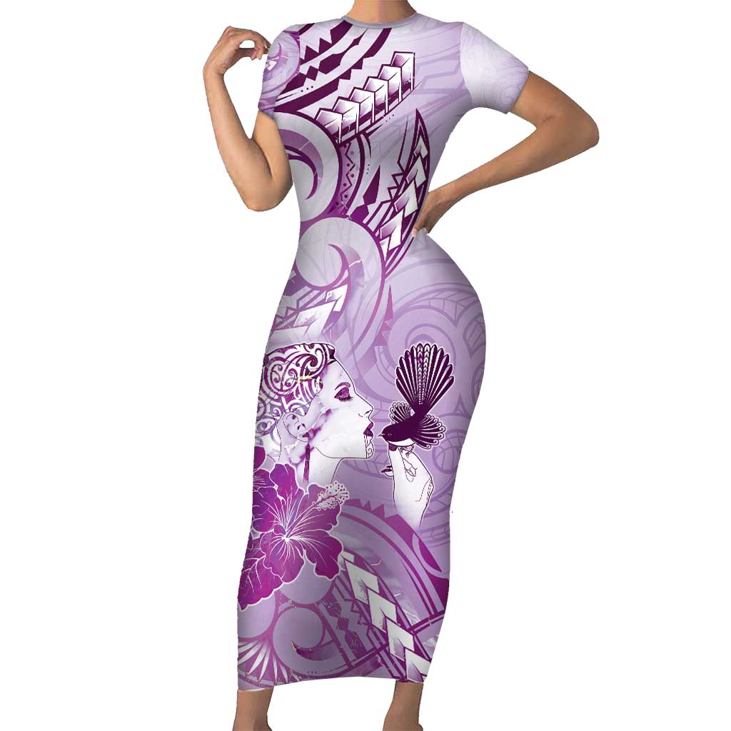 Aotearoa Maori Wahine Short Sleeve Bodycon Dress Fantail Bird Purple Gold Marble LT05 Long Dress Purple - Polynesian Pride