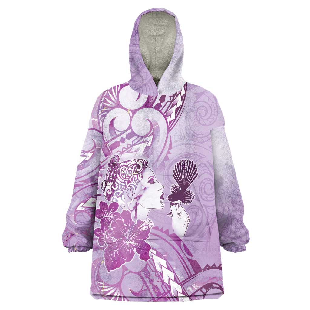 Aotearoa Maori Wahine Wearable Blanket Hoodie Fantail Bird Purple Gold Marble