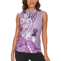 Aotearoa Maori Wahine Women Sleeveless Polo Shirt Fantail Bird Purple Gold Marble