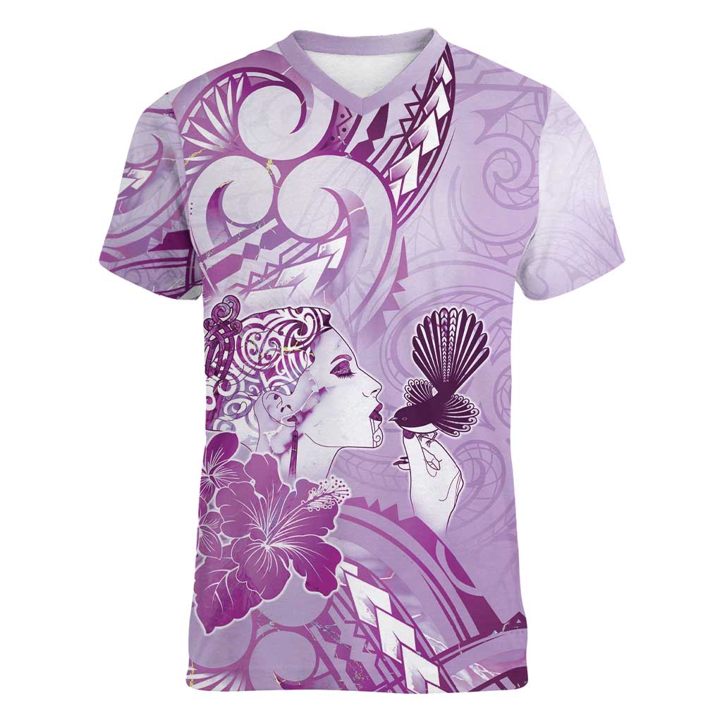 Aotearoa Maori Wahine Women V-Neck T-Shirt Fantail Bird Purple Gold Marble