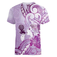 Aotearoa Maori Wahine Women V-Neck T-Shirt Fantail Bird Purple Gold Marble