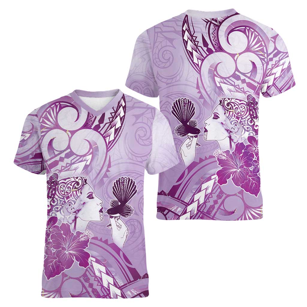 Aotearoa Maori Wahine Women V-Neck T-Shirt Fantail Bird Purple Gold Marble