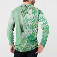 Aotearoa Maori Wahine Button Sweatshirt Fantail Bird Green Gold Marble