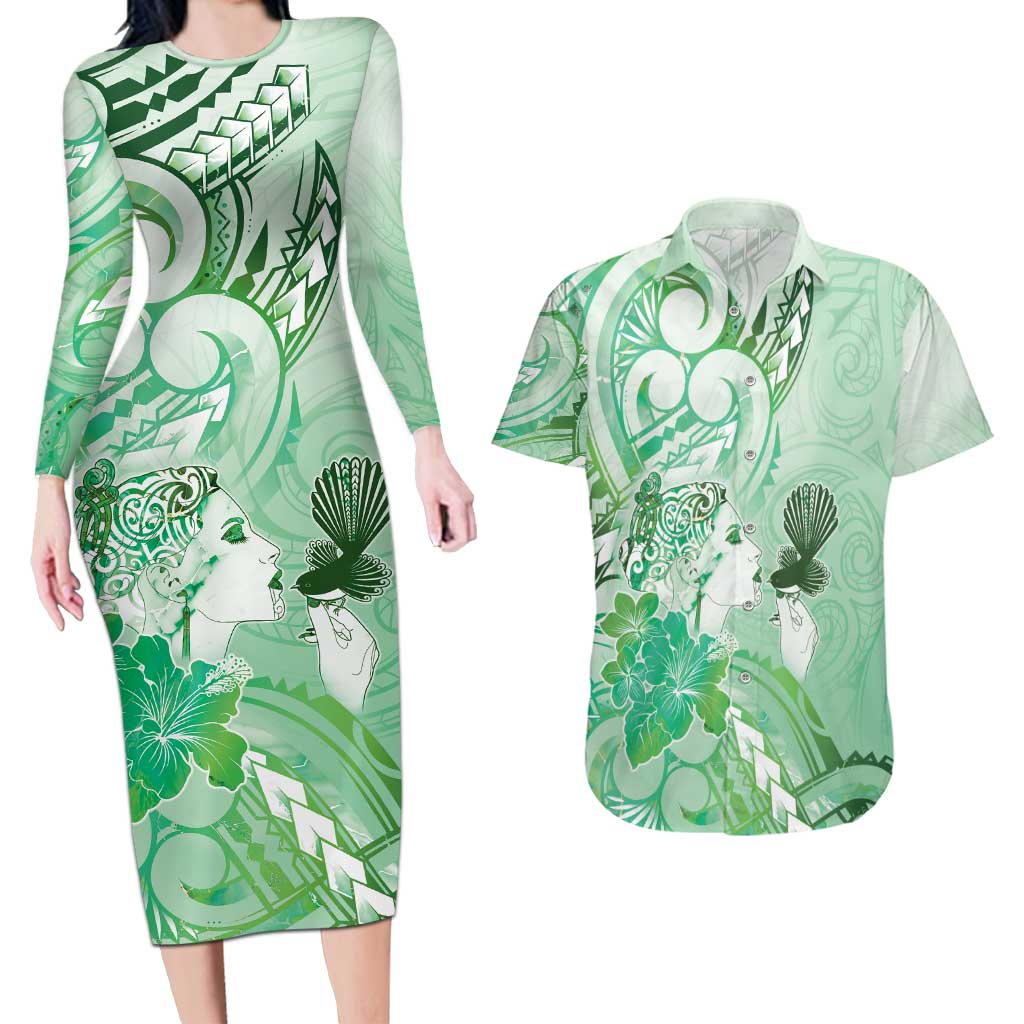 Aotearoa Maori Wahine Couples Matching Long Sleeve Bodycon Dress and Hawaiian Shirt Fantail Bird Green Gold Marble LT05 Green - Polynesian Pride
