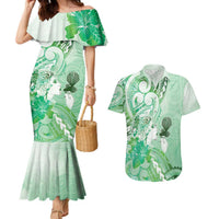 Aotearoa Maori Wahine Couples Matching Mermaid Dress and Hawaiian Shirt Fantail Bird Green Gold Marble LT05 Green - Polynesian Pride