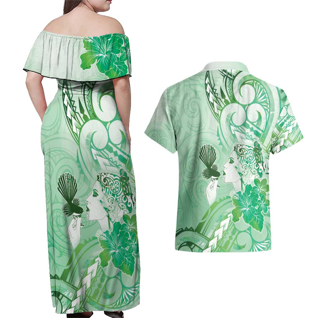 Aotearoa Maori Wahine Couples Matching Off Shoulder Maxi Dress and Hawaiian Shirt Fantail Bird Green Gold Marble LT05 - Polynesian Pride