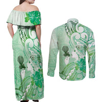 Aotearoa Maori Wahine Couples Matching Off Shoulder Maxi Dress and Long Sleeve Button Shirt Fantail Bird Green Gold Marble LT05 - Polynesian Pride