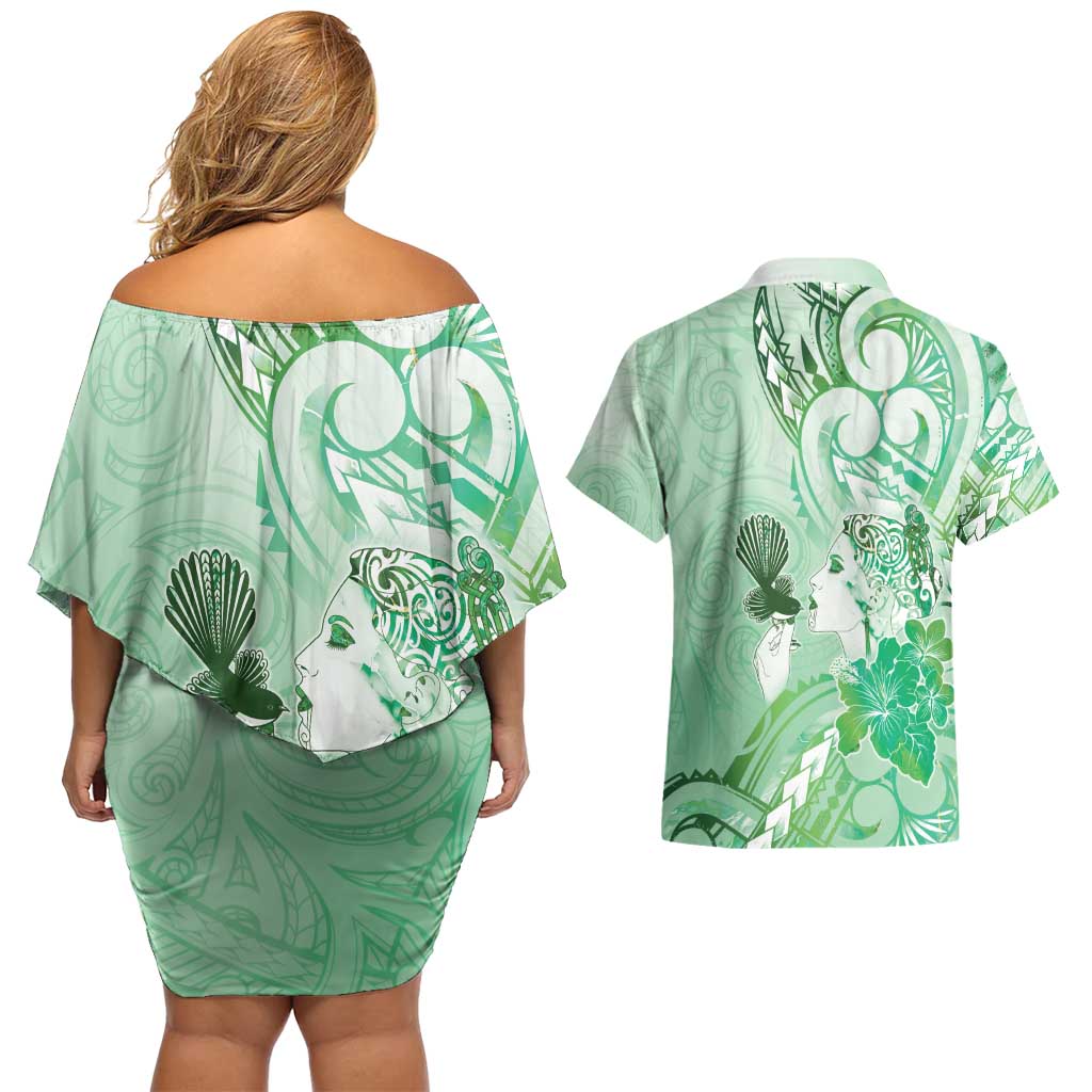Aotearoa Maori Wahine Couples Matching Off Shoulder Short Dress and Hawaiian Shirt Fantail Bird Green Gold Marble LT05 - Polynesian Pride