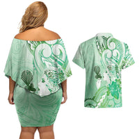 Aotearoa Maori Wahine Couples Matching Off Shoulder Short Dress and Hawaiian Shirt Fantail Bird Green Gold Marble LT05 - Polynesian Pride