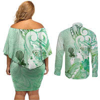 Aotearoa Maori Wahine Couples Matching Off Shoulder Short Dress and Long Sleeve Button Shirt Fantail Bird Green Gold Marble LT05 - Polynesian Pride