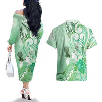 Aotearoa Maori Wahine Couples Matching Off The Shoulder Long Sleeve Dress and Hawaiian Shirt Fantail Bird Green Gold Marble LT05 - Polynesian Pride