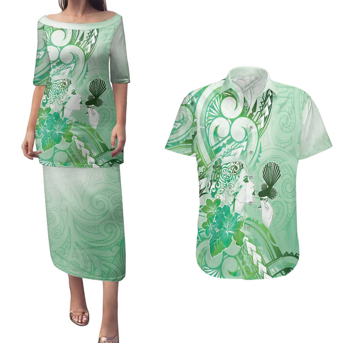 Aotearoa Maori Wahine Couples Matching Puletasi and Hawaiian Shirt Fantail Bird Green Gold Marble LT05 Green - Polynesian Pride