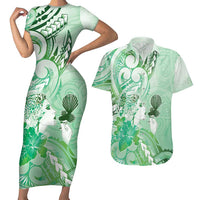 Aotearoa Maori Wahine Couples Matching Short Sleeve Bodycon Dress and Hawaiian Shirt Fantail Bird Green Gold Marble LT05 Green - Polynesian Pride