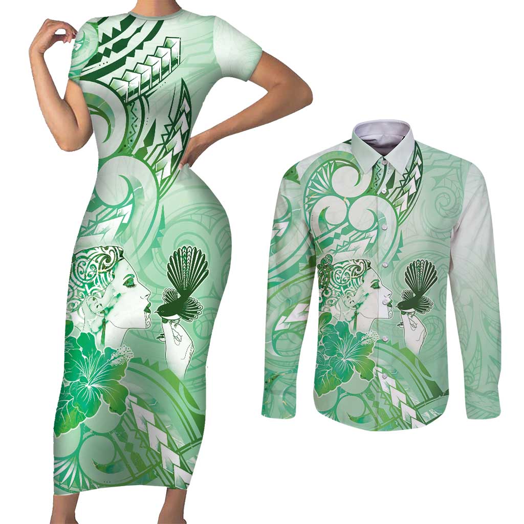 Aotearoa Maori Wahine Couples Matching Short Sleeve Bodycon Dress and Long Sleeve Button Shirt Fantail Bird Green Gold Marble