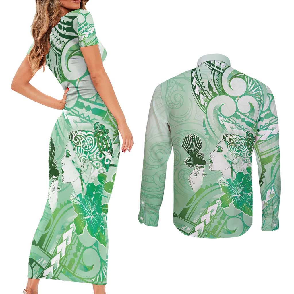 Aotearoa Maori Wahine Couples Matching Short Sleeve Bodycon Dress and Long Sleeve Button Shirt Fantail Bird Green Gold Marble LT05 - Polynesian Pride