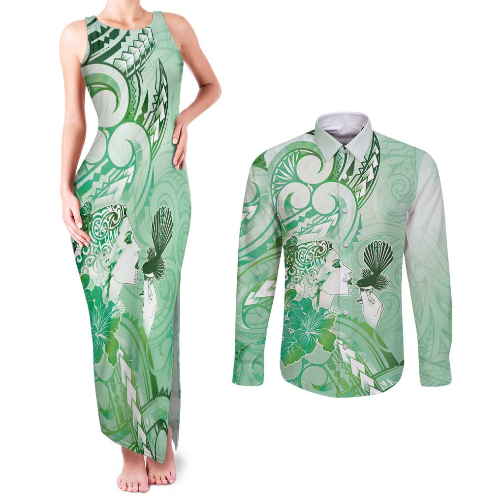 Aotearoa Maori Wahine Couples Matching Tank Maxi Dress and Long Sleeve Button Shirt Fantail Bird Green Gold Marble LT05 Green - Polynesian Pride
