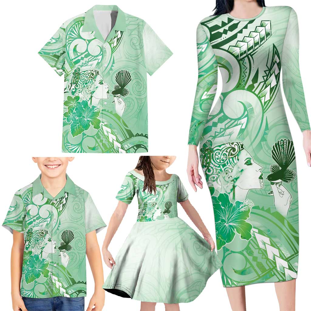 Aotearoa Maori Wahine Family Matching Long Sleeve Bodycon Dress and Hawaiian Shirt Fantail Bird Green Gold Marble LT05 - Polynesian Pride