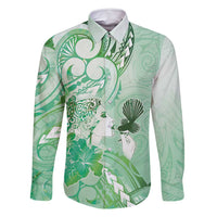 Aotearoa Maori Wahine Family Matching Long Sleeve Bodycon Dress and Hawaiian Shirt Fantail Bird Green Gold Marble LT05 Dad's Shirt - Long Sleeve Green - Polynesian Pride