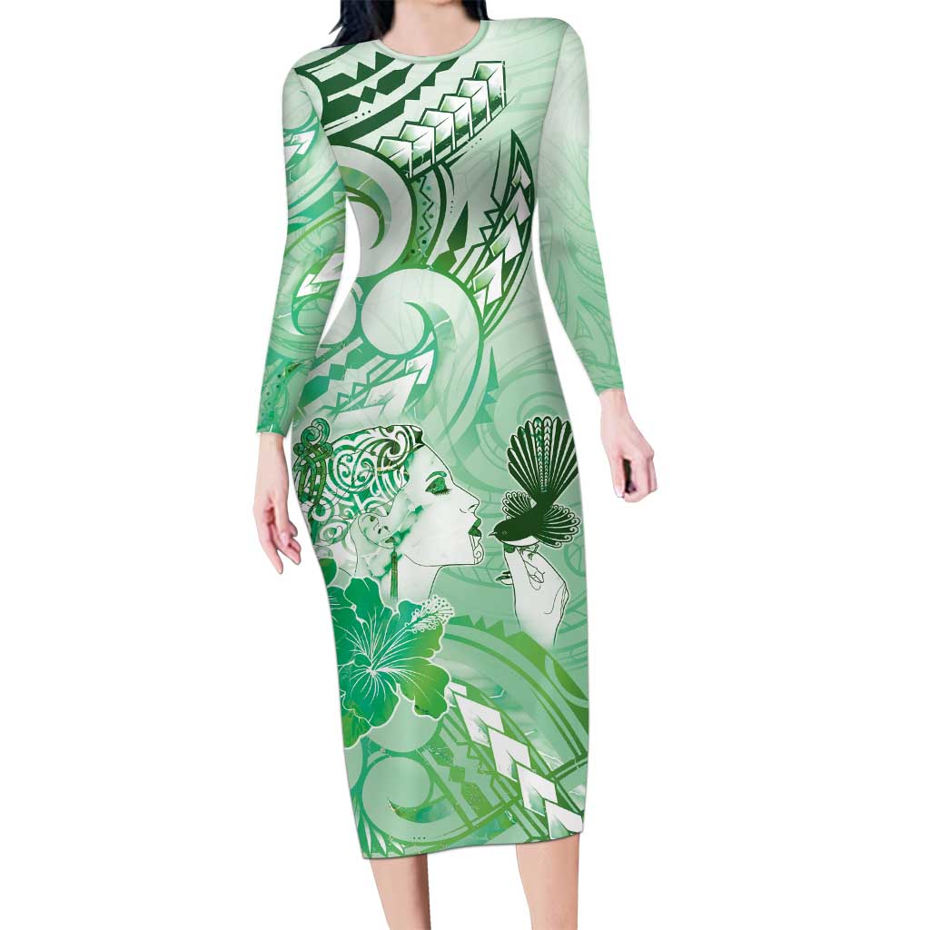 Aotearoa Maori Wahine Family Matching Long Sleeve Bodycon Dress and Hawaiian Shirt Fantail Bird Green Gold Marble LT05 Mom's Dress Green - Polynesian Pride