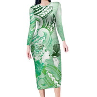 Aotearoa Maori Wahine Family Matching Long Sleeve Bodycon Dress and Hawaiian Shirt Fantail Bird Green Gold Marble LT05 Mom's Dress Green - Polynesian Pride