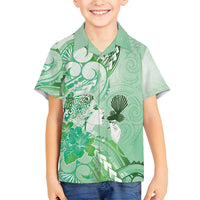 Aotearoa Maori Wahine Family Matching Long Sleeve Bodycon Dress and Hawaiian Shirt Fantail Bird Green Gold Marble LT05 Son's Shirt Green - Polynesian Pride