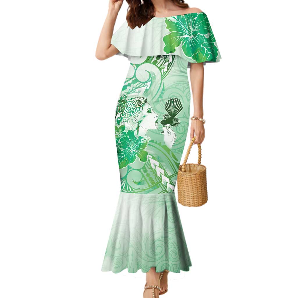 Aotearoa Maori Wahine Family Matching Mermaid Dress and Hawaiian Shirt Fantail Bird Green Gold Marble LT05 Mom's Dress Green - Polynesian Pride