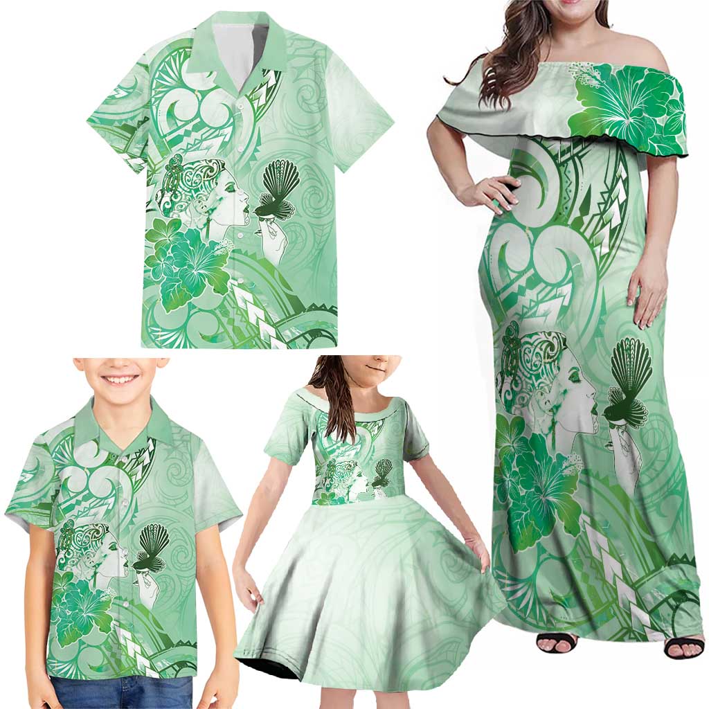 Aotearoa Maori Wahine Family Matching Off Shoulder Maxi Dress and Hawaiian Shirt Fantail Bird Green Gold Marble LT05 - Polynesian Pride