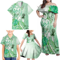 Aotearoa Maori Wahine Family Matching Off Shoulder Maxi Dress and Hawaiian Shirt Fantail Bird Green Gold Marble LT05 - Polynesian Pride