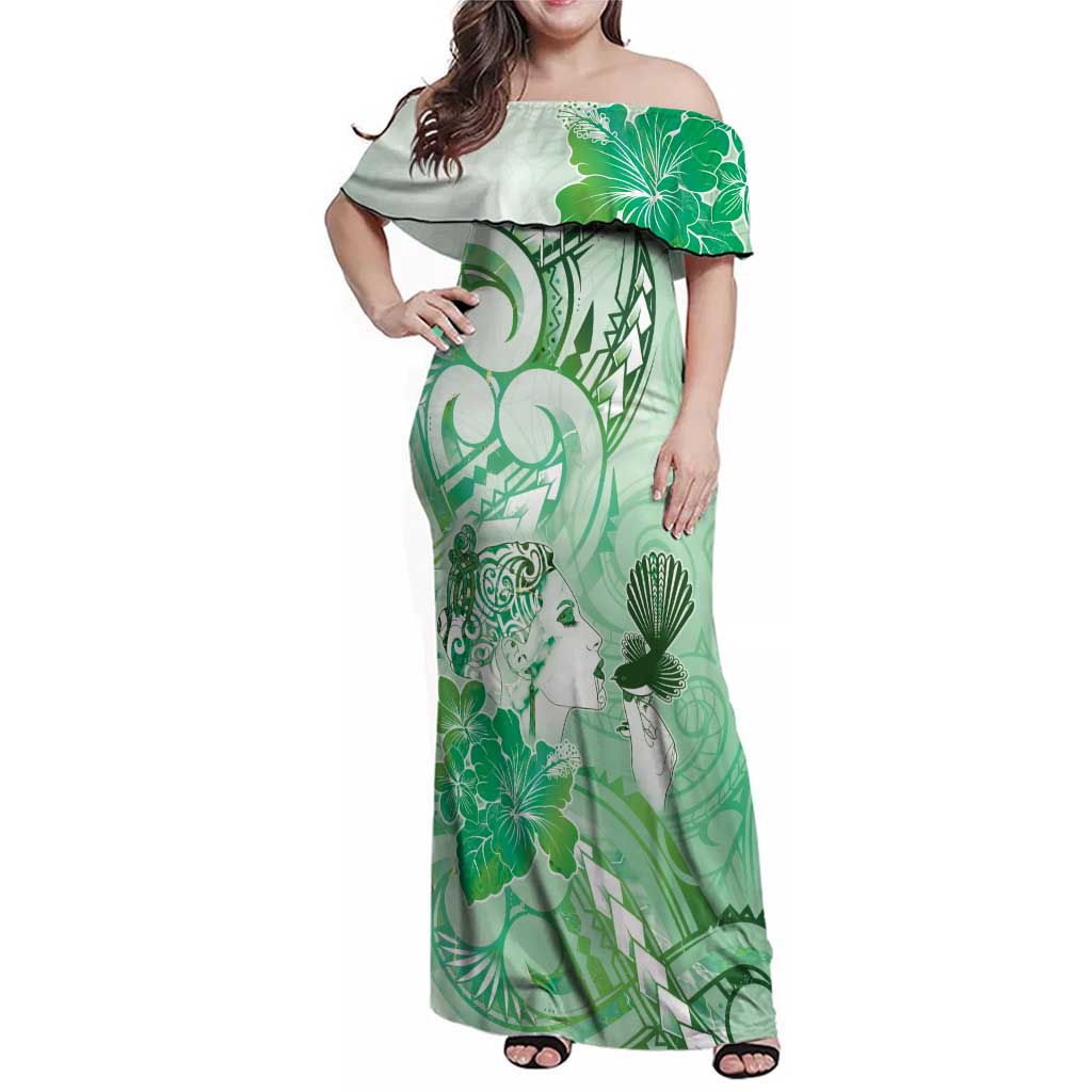 Aotearoa Maori Wahine Family Matching Off Shoulder Maxi Dress and Hawaiian Shirt Fantail Bird Green Gold Marble LT05 Mom's Dress Green - Polynesian Pride